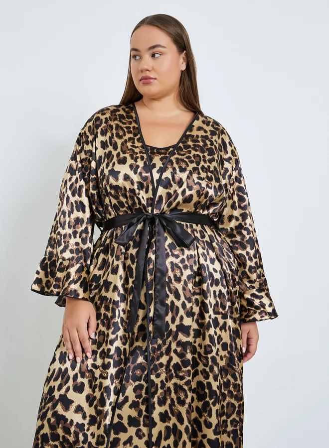 Take Two Plus Size Women Leopard Print Robe and Satin Slip Dress